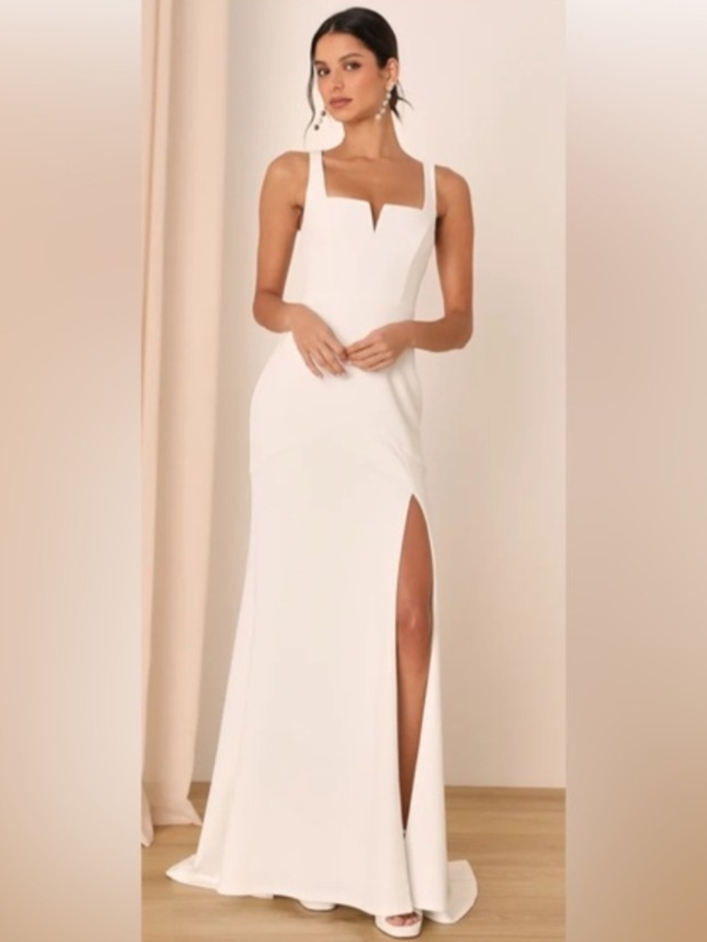 Lulu's Everlasting Promise White Square-Neck Maxi Dress with High Thigh Slit